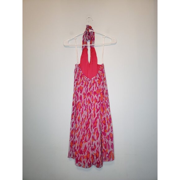 Boston Proper Womens XS Mini Dress Halter Pink Leopard Chiffon Beaded Sequin Y2K - Picture 2 of 5